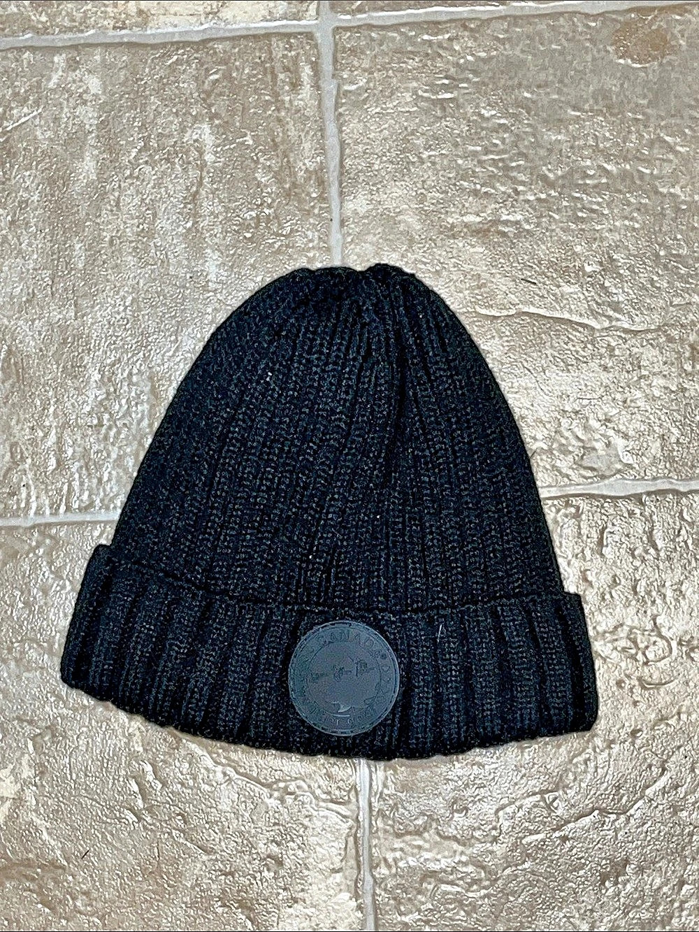 Canada Weather Gear Ribbed Knit Beanie with Round Logo Patch Black